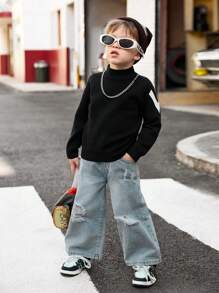 Camisa de manga larga con cuello alto para niños con estampado minimalista de letras, uso casual diario