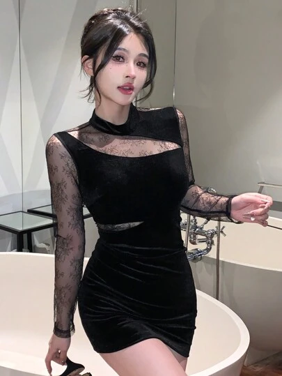 DAZY 女士蕾丝拼接立领长袖简约休闲短款丝绒迷你连衣裙舞会礼服，秋季优雅女装新年礼服情人节礼服