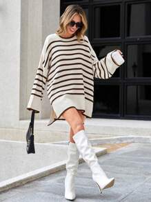 EURMUSE Striped Pattern Drop Shoulder Split Hem Sweater - Brown - View 3