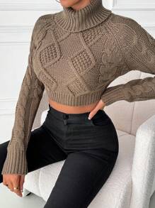 Chiquease Women's Solid Color High Neck Raglan Sleeve Cropped Casual Sweater, Autumn/Winter Knit Pullover Fall - Mocha Brown - View 6