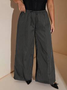 SHEIN BAE 大码秋季优雅外出性感女式蓝白条纹低腰抽绳宽松直筒阔腿裤连衣裙裤教师裤工作裤优雅女装大码工作裤女士长裤休闲裤大码大码裤子秋季穿搭大码裤子曲线裤Y2K裤子秋冬曲线阔腿裤女式办公室服装女式曲线秋季商务休闲女式工作服女式曲线