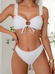 SHEIN Swim Conjunto de bikini de verano para mujer con textura de volantes y atar - Blanco - Ver 3