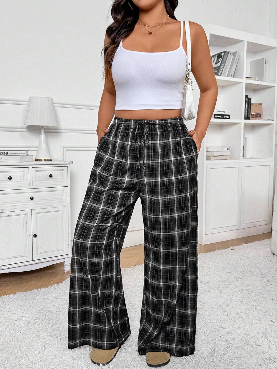 SHEIN Frenchy 大码女式腰带格子口袋宽腿宽松休闲裤 - 黑與白 - 查看 1