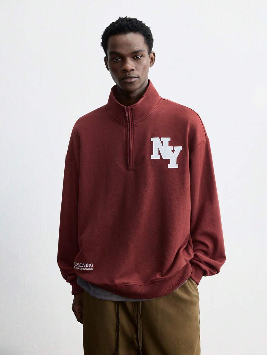 Maija Men's 2025 Spring & Summer New Red Solid Color Embroidery Stand Collar Half Zip-Up Sweatshirt, Casual, Minimalist, Daily Wear, Suitable For New Year, Party, Valentine's Day, Date - Burgundy - View 1