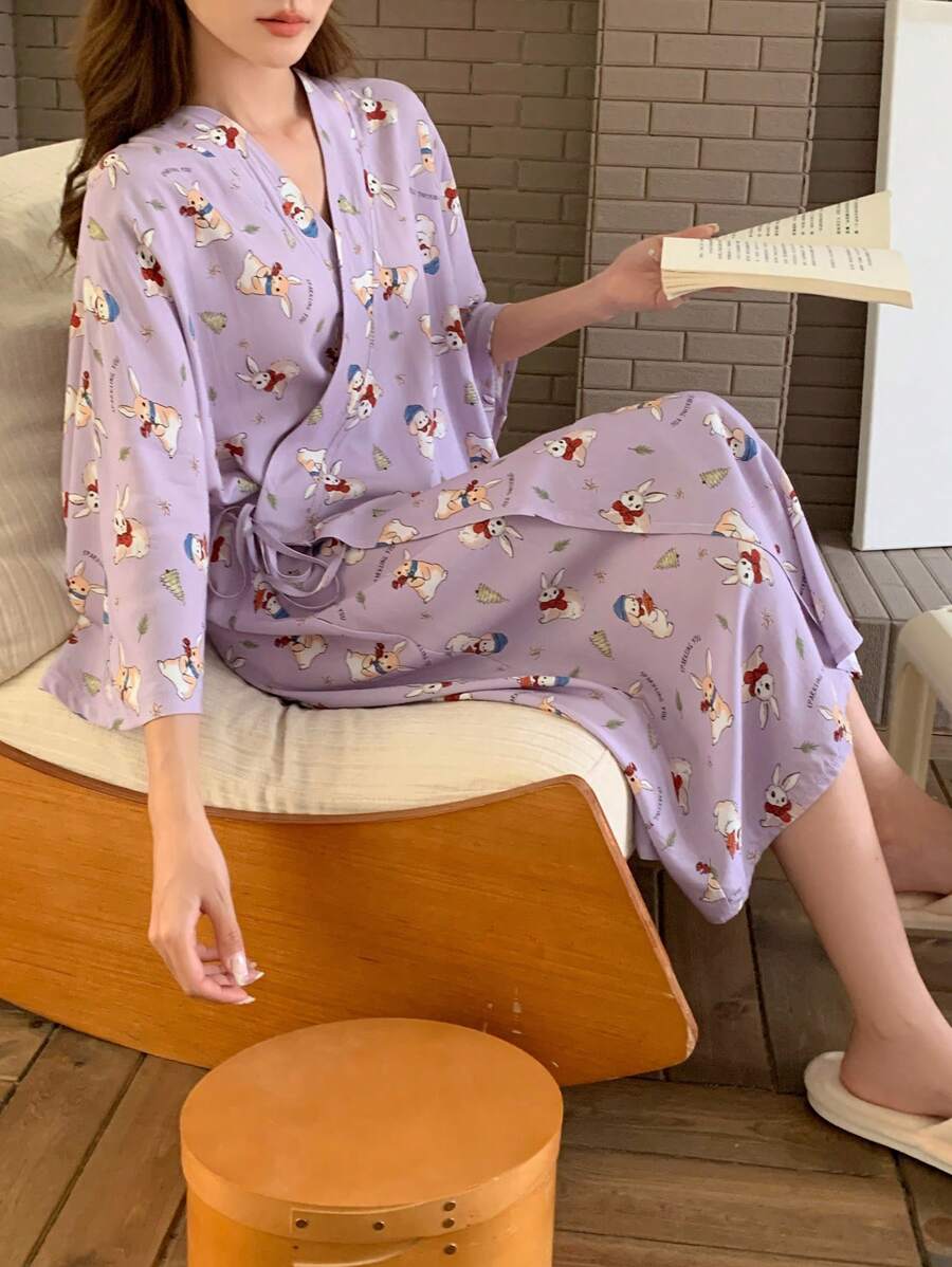 DAZY Cute Allover Rabbit Print Wrap-Front Tie-Waist Loose Bathrobe Pajama - Purple - View 1