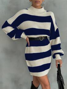 EURMUSE Women Drop Shoulder Sweater Dress With Striped Pattern - Royal Blue - View 6