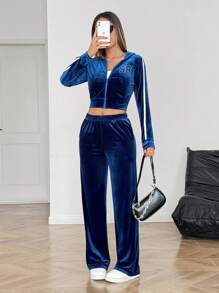 SHEIN Leap Crew Set informal de 2 piezas de sudadera con capucha y pantalones con bordado de letras de terciopelo para adolescentes - Azul Marino - Ver 4