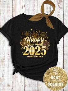 SHEIN EZwear 休闲新年快乐 2025 金色印花图案黑色宽松圆领短袖女式 T 恤，新年服装 - 黑色 - 查看 3