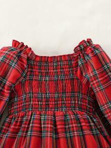 SHEIN Girls' Cotton Ruffled Collar Puff Sleeve Layered Hem Plaid Dress, Red