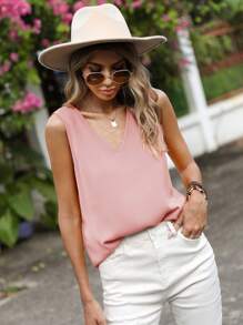 SHEIN LUNE 素色V領無袖襯衫 - 藕粉色 - 查看 4