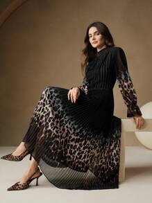 Anewsta Holiday Gradient Pleated Print Women Dress - Black - View 1