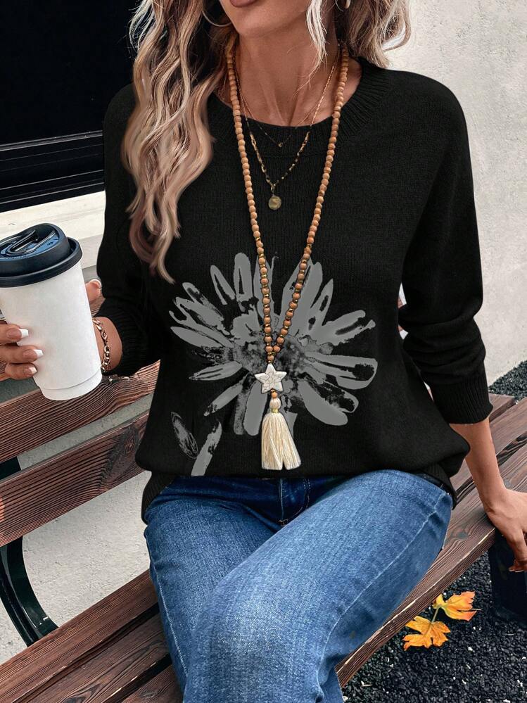 EMERY ROSE Suéter informal de mujer con cuello redondo, caída de hombros y manga larga con patrón floral, para otoño/invierno - Negro - Añade 3