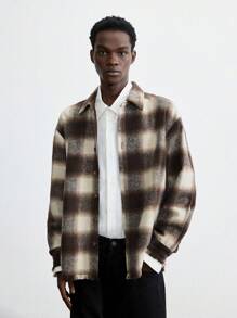 Maija 男士 2025 年春夏新款棕色格子保暖内衬厚前扣开口夹克，休闲日常穿着，适合新年、节日派对、情人节 - 咖啡棕 - 查看 2