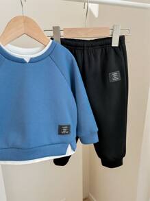 SHEIN 2pcs/Set Baby Boys/Girls Casual Cute Style Drop Shoulder Loose Round Neck Knitted Sweatshirt And Ribbed Hem Knitted Pants Set, Suitable For Autumn/Winter Home/Outdoor Wear - Blue - View 4