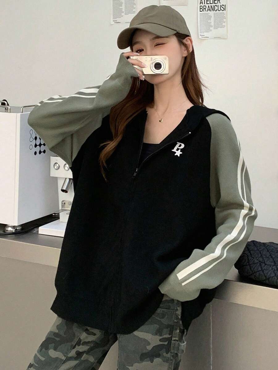 DAZY Women's Colorblock Striped Letter Embroidery Loose Long Sleeve Hooded Zipper Cardigan,Fall Women Clothes Jacket - Black - View 1