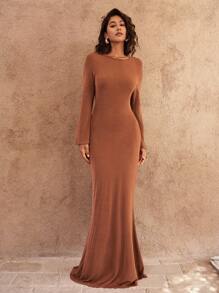 Opulessa Backless Flare Sleeve Round Neck Sexy Long Sleeve Dress, Dress For Women,For Party