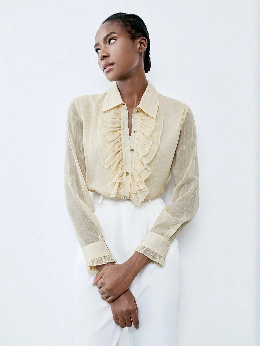 Chiquease 金色金属条纹纯色雪纺面料开衫，长袖，荷叶边领和饰边，宽松版型，优雅女士工作休闲衬衫，春秋女士衬衫 - 杏色 - 查看 1