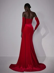 Elitara Gaun Elegan Lengan Panjang Tanpa Bahu, Gaun Malam Ekor Ikan Asimetris Rantai Rhinestone Mewah untuk Prom, Tamu Pernikahan & Jamuan Formal - Merah - View 3
