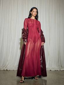 AiiRZ Long Fitted Mesh Maxi Dress With Seam Detail - Burgundy - View 6