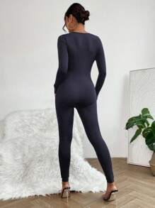 SHEIN PETITE Solid Scoop Neck Unitard Spring Women Jumpsuit - Navy Blue - View 2