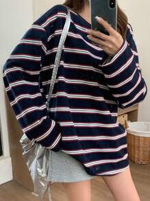 DAZY Striped Loose Drop Shoulder Long Sleeve Round Neck Women T-Shirt,Fall Clothes