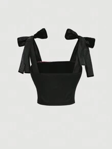 SHEIN MOD Áo tank top nữ in họa tiết địa phương, có dây rút, kiểu dáng dễ thương, màu đen và hồng, thích hợp mặc đi dự tiệc Homecoming. - màu đen - Xem 2