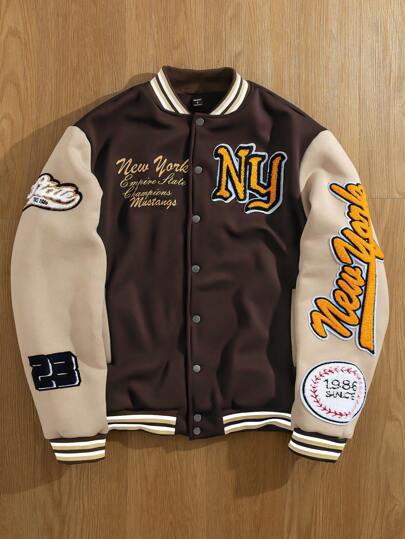 Manfinity Campus Court Męska kurtka baseballowa Rave z długim rękawem i kolorowym blokiem, zapinana na guziki z przodu, kurtka New York, kurtka graficzna, na jesień