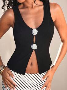 Opulessa Black Knitted 3D Floral Pattern Women Sleeveless Top With Side Split Hem, Fashionable