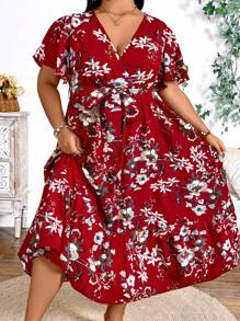 SHEIN CURVE+ Váy tay ngắn họa tiết hoa cỡ lớn cho kỳ nghỉ thường ngày cỡ lớn, dành cho mùa hè - Màu Đỏ Sâu - Xem 5