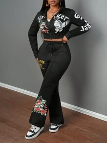 Slaydiva 女士两件套字母印花长袖拉链连帽短款卫衣和裤子休闲套装，秋季 - 黑色 - 查看 3