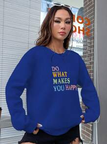 SHEIN Unity Crew Neck Embroidered Colorful English Text Casual Sweatshirt, Minimalist Fashion For Everyday - Blue - View 4