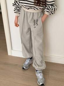 DAZY Tween Girl 字母印花口袋简约运动裤，日常休闲装 - 米色 - 查看 5