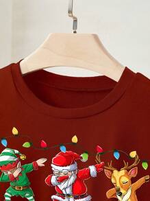 SHEIN EZwear 女士圣诞老人印花圆领短袖休闲 T 恤图案 T 恤女式上衣 - 紅色 - 查看 4