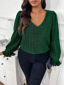 SHEIN Frenchy Plus Size Green V-Neck Glitter Embellished Party Shirt, Long Sleeve