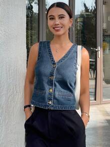 Livesso 女式休闲单排扣 V 领背心上衣，秋季 - 中等水洗藍 - 查看 8