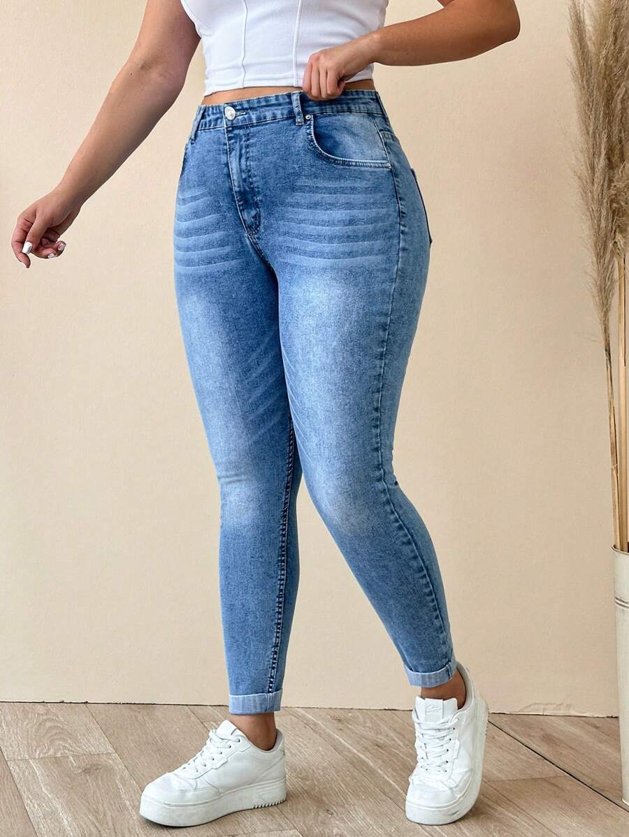 SHEIN Cottnline WOMEN PLUS SIZE SKINNY HIGH WAIST JEANS - Light Wash - View 1