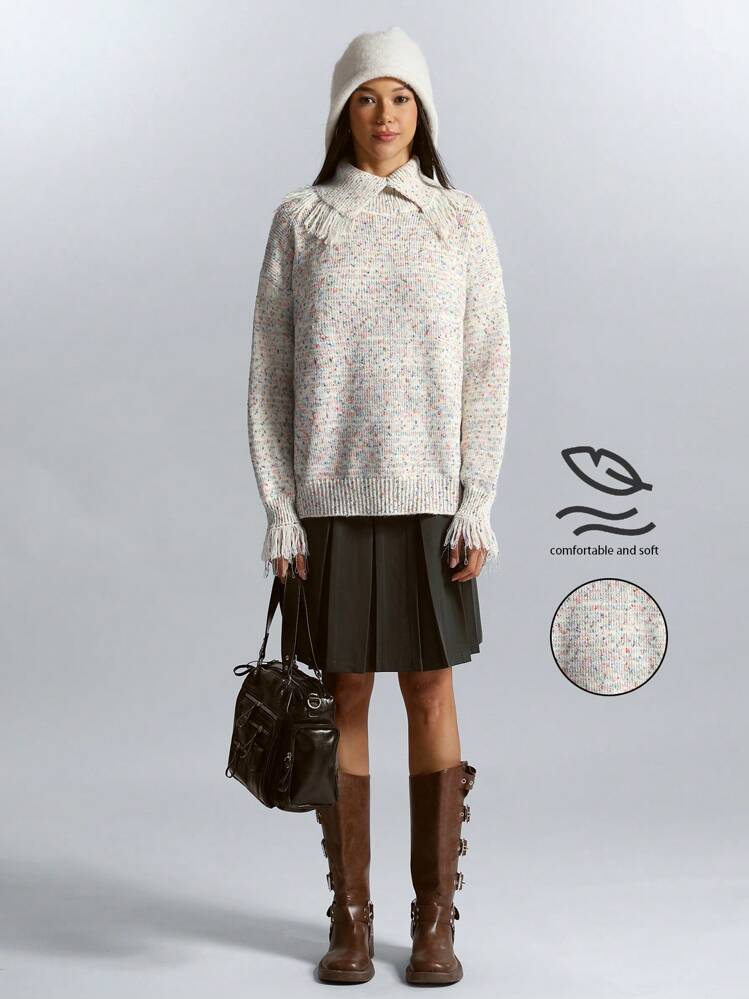 Chiquease Women Rainbow Polka Dot Fringe Trim Collar Split Cuff Design Knit Pullover Sweater, Winter Oversized Turtle Neck Sweater Knit Pullover Fall - Multicolor - View 2