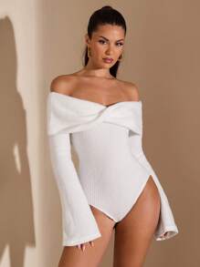 SHEIN BAE 女士冬季白色毛绒喇叭袖露肩扭领镂空后背性感优雅甜美紧身衣，适合浪漫约会、秋冬保暖分层、节日派对、圣诞节、感恩节