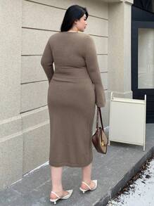 Dazy Plus Hollow Out Round Neck Bodycon Sweater Dress,Fall Women Clothes - Khaki - View 2