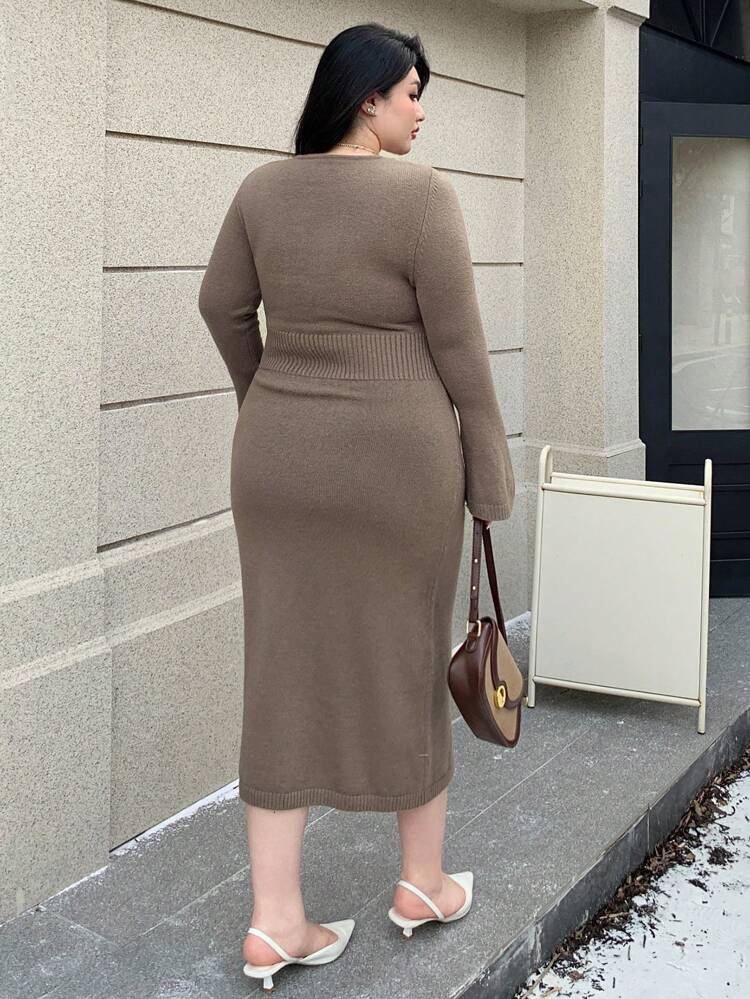 Dazy Plus Hollow Out Round Neck Bodycon Sweater Dress,Fall Women Clothes