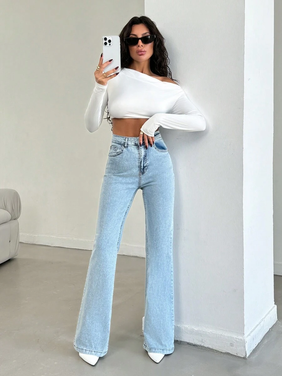 EURMUSE Women's High Waisted Stretchy Cotton Washed Light Denim Jeans - Baby Blue - View 1