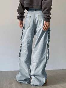 90年代Y2K高腰翻盖口袋男友风破洞宽松牛仔裤，街头风 - 藍色 - 查看 2