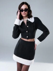 SHEIN Unity Winter Contrast Faux Fur Hem Solid Tweed Mini Skirt Elegant - Black and White - View 3