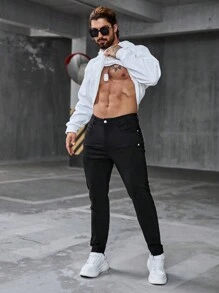 Manfinity Homme Pantalones slim fit de color negro sólido para hombres con diseño de cremallera, detalles de bolsillo simulado y costuras, de estilo casual - Negro - Ver 7