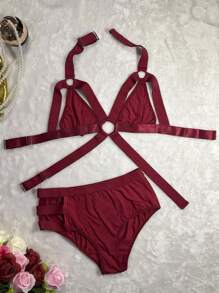 2 件女士性感纯色透明无缝文胸套装，无钢圈 - 酒紅色 - 查看 7