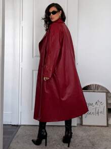 SHEIN Privé Plus Size Women Black PU Windbreaker Jacket, Simple And Fashionable For Autumn/Winter