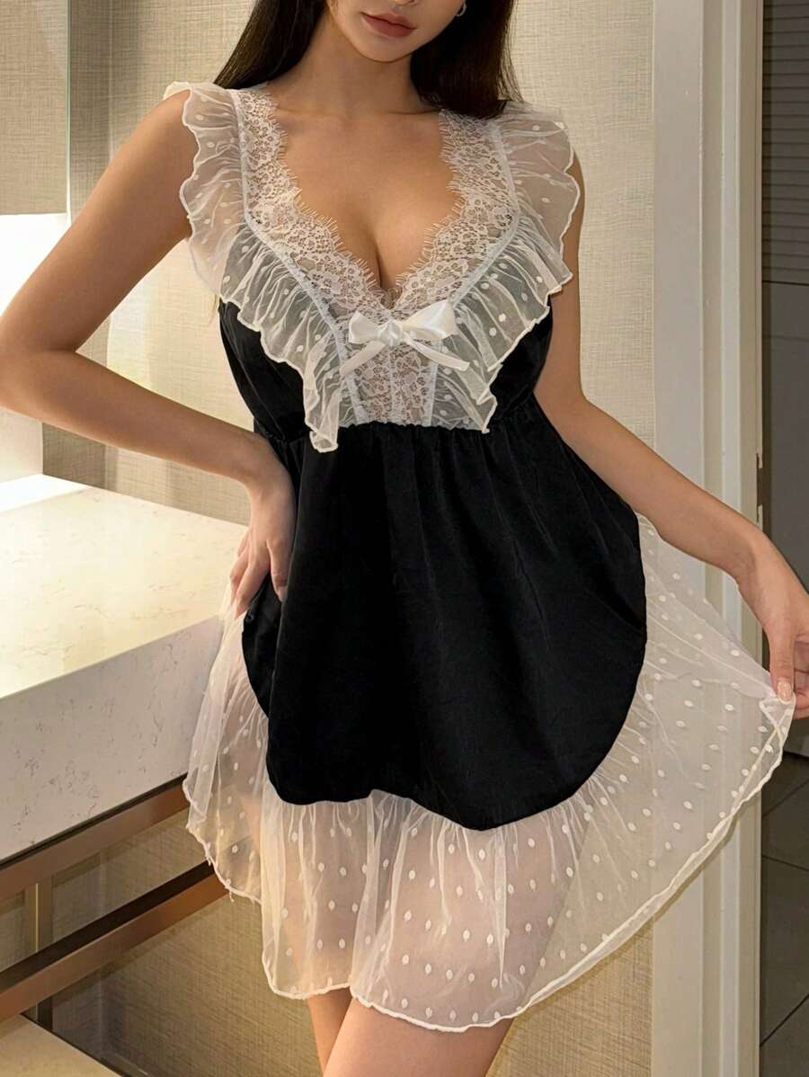 DAZY Bow Decor Contrast Polka Dot Mesh Splice Sexy Nightgown - Black - View 1