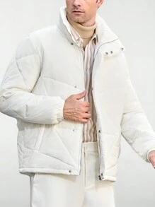 Manfinity VCAY Men's Loose Fit Stand Collar Long Sleeve Open Front Padded Coat, Fall/Winter - White - View 4