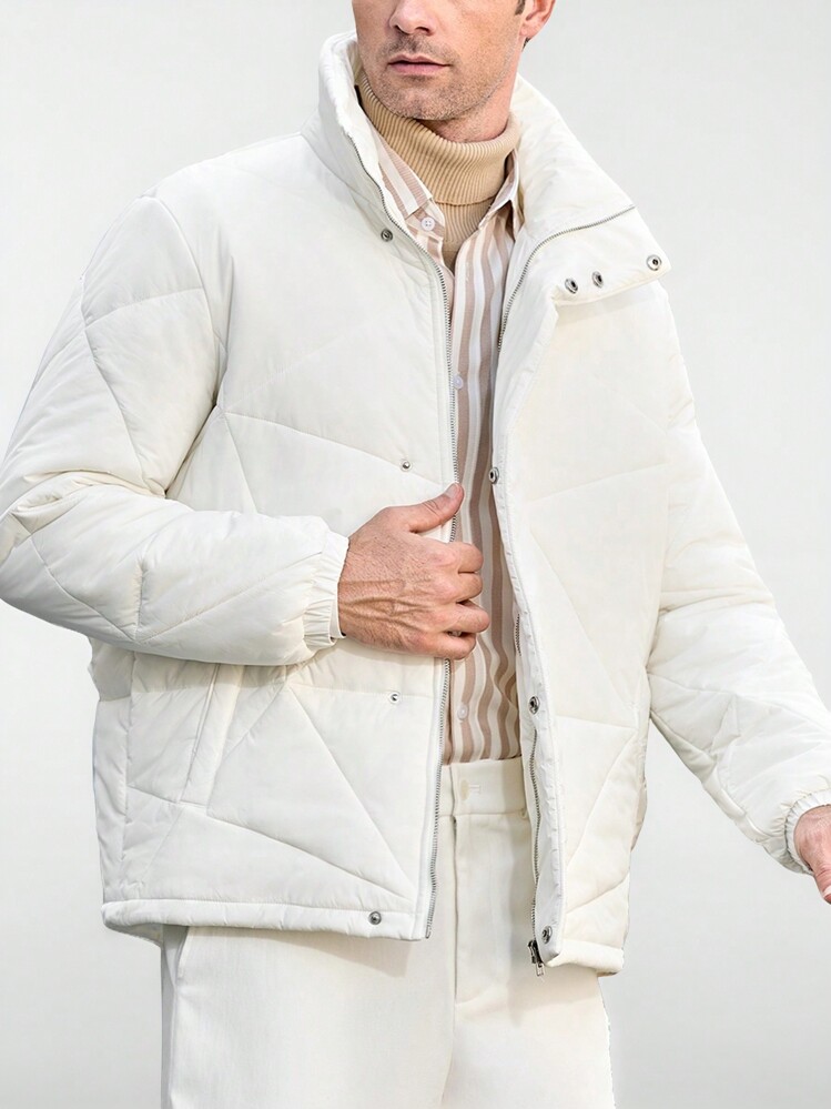 Manfinity VCAY Men's Loose Fit Stand Collar Long Sleeve Open Front Padded Coat, Fall/Winter - White - View 4