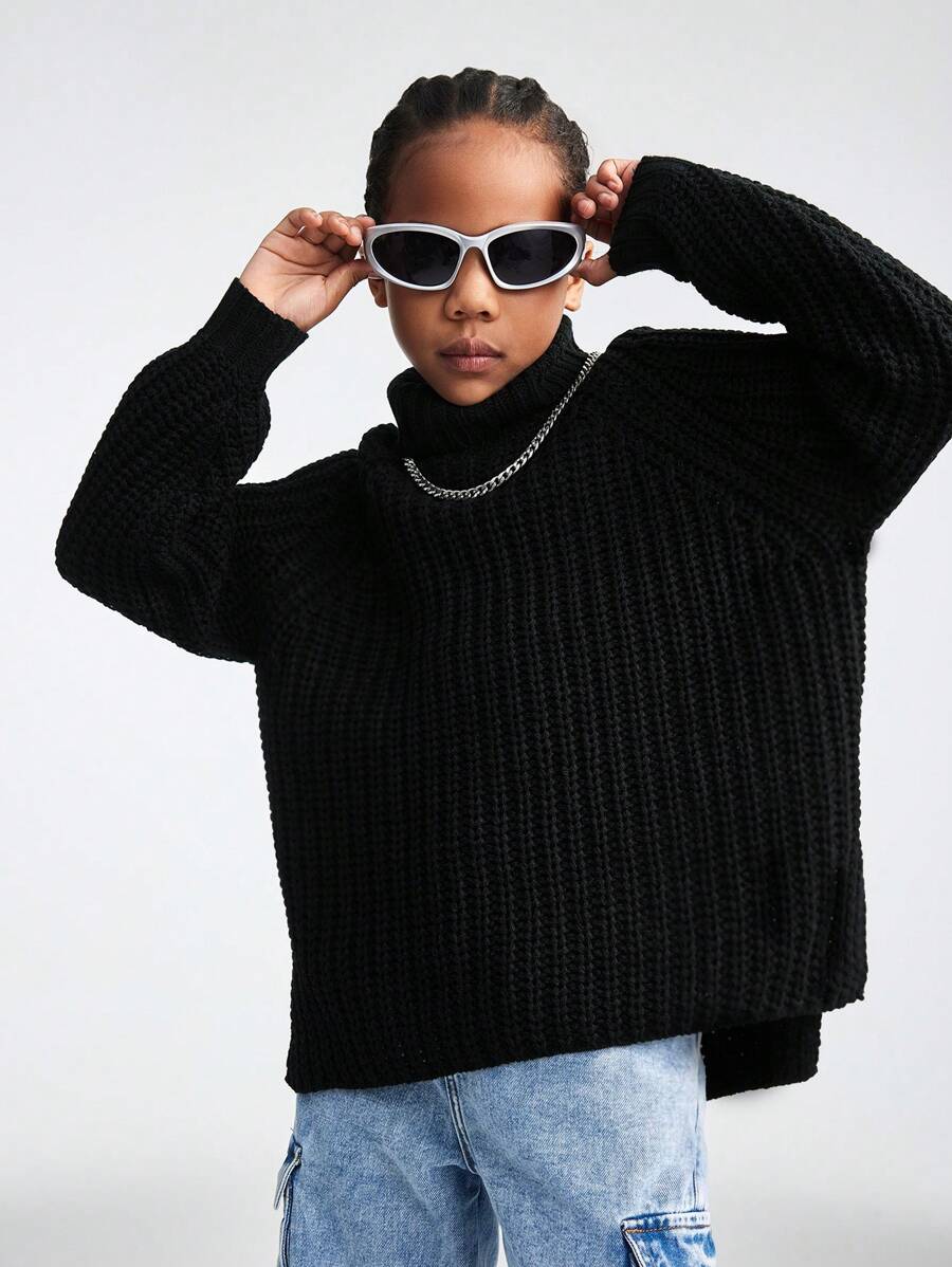 SHEIN Tween 女童纯色黑色高领长袖简约休闲上衣 - 黑色 - 查看 1